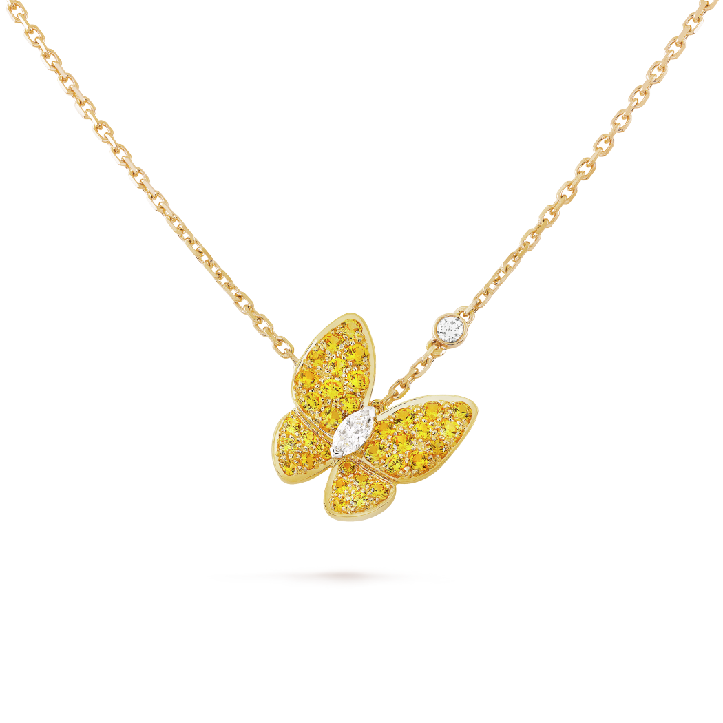 18K Gold Diamond Sapphire VCA Two Butterfly Pendant