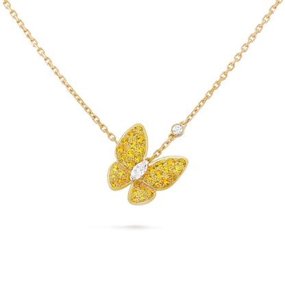 18K Gold Diamond Sapphire VCA Two Butterfly Pendant