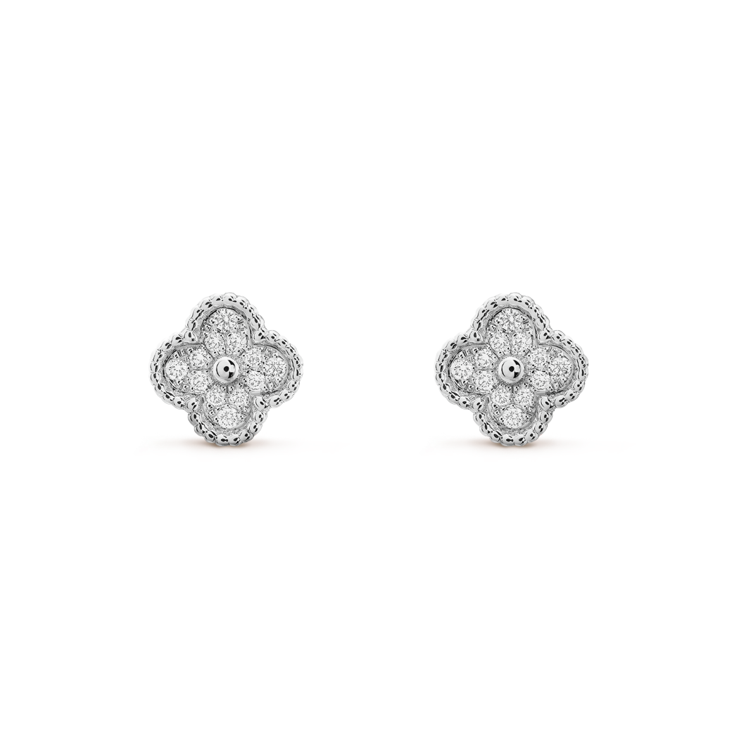 18K White Gold Diamond VCA Sweet Alhambra Earrings