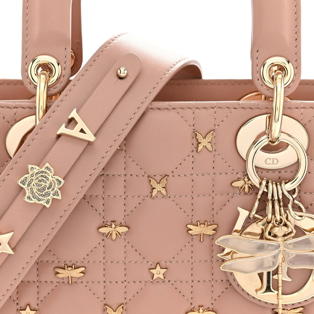 Christian Dior Lambskin Cannage Dragonfly Studs Small Lady Dior Rose Des Vents