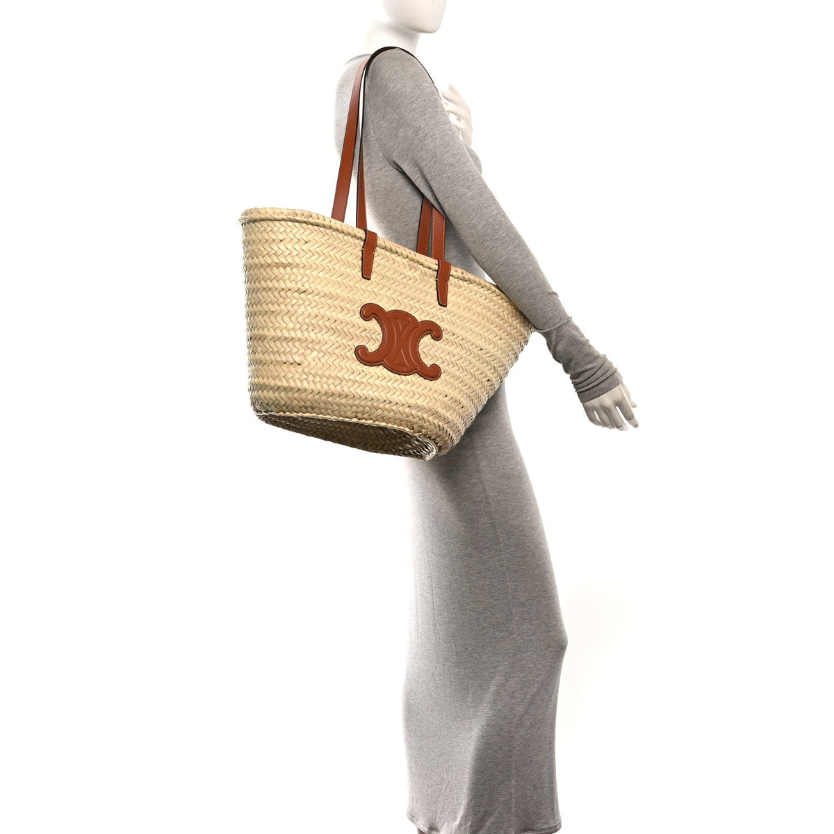 Celine Raffia Calfskin Triomphe Medium Panier Tan