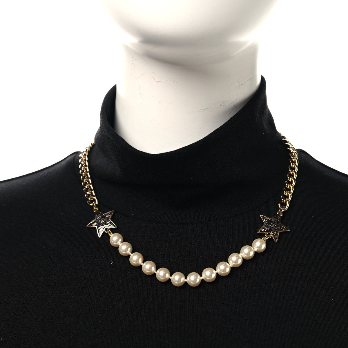 Chanel Metal Enamel Pearl Star CC Necklace Gold White