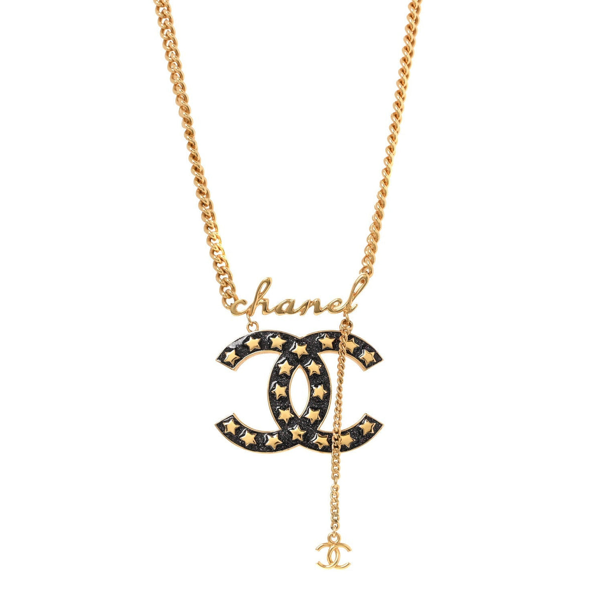 Chanel Metal Resin CC Star Chain Logo Necklace Gold Black