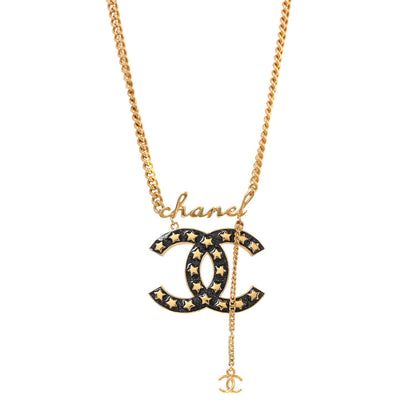Chanel Metal Resin CC Star Chain Logo Necklace Gold Black
