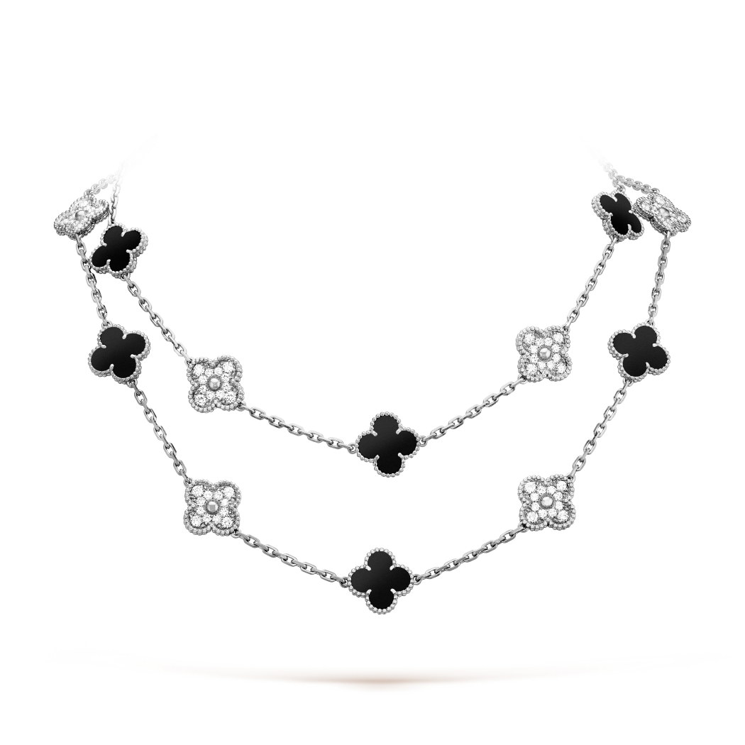 18K White Gold Diamond Onyx VCA Vintage Alhambra Necklace