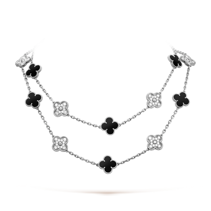 18K White Gold Diamond Onyx VCA Vintage Alhambra Necklace