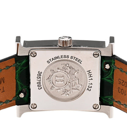 Hermes Stainless Steel Alligator Diamond 17.2mm Heure H Watch Vert Moyen