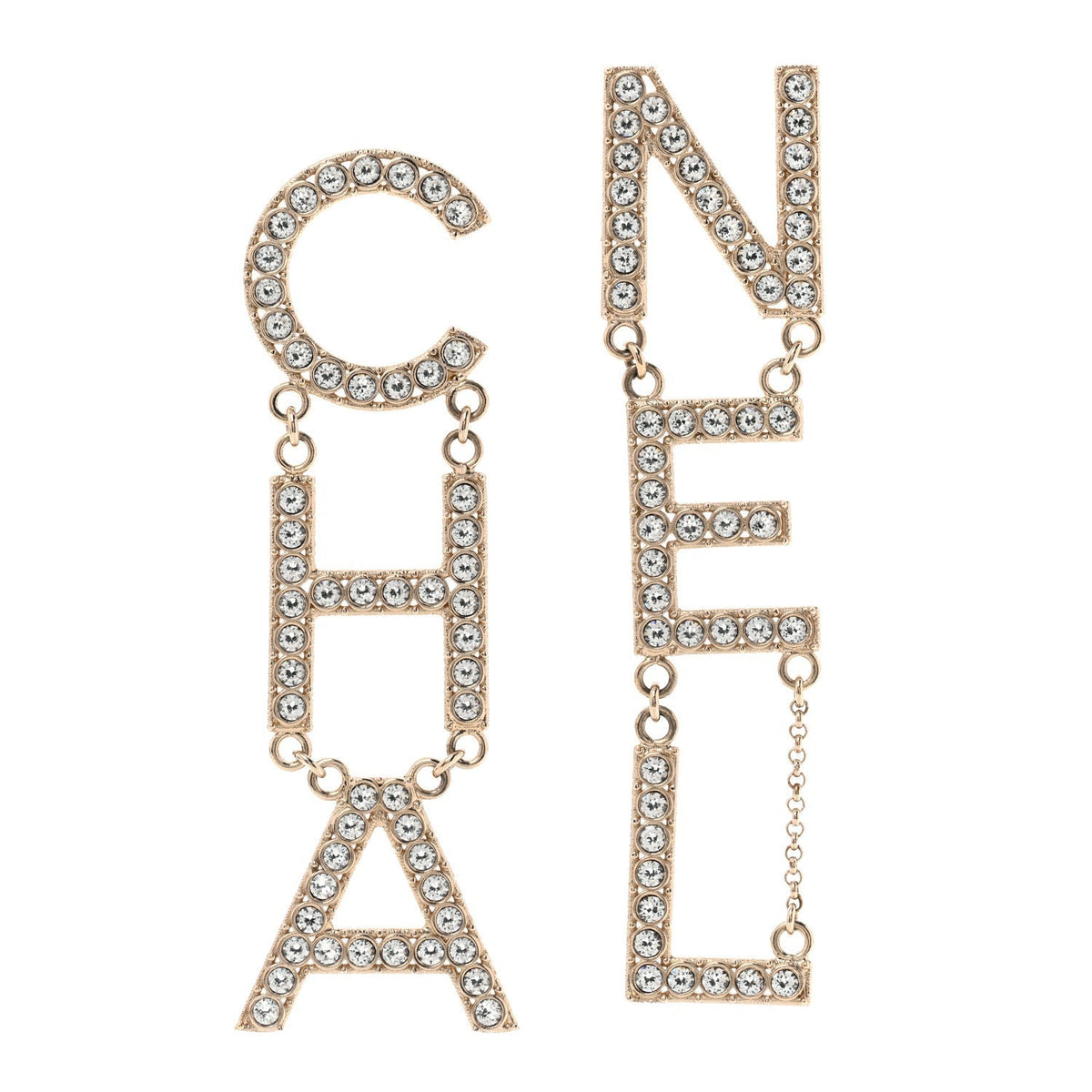Chanel Crystal Cha-Nel Logo Drop Earrings Gold