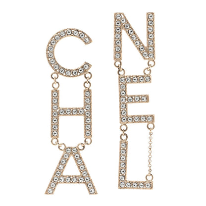Chanel Crystal Cha-Nel Logo Drop Earrings Gold