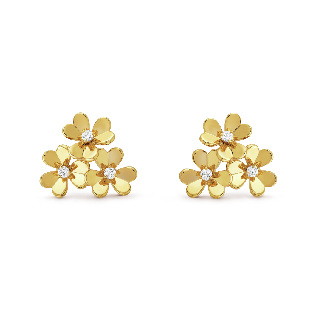 18K Gold Diamond VCA Frivole 3 Flowers Earrings