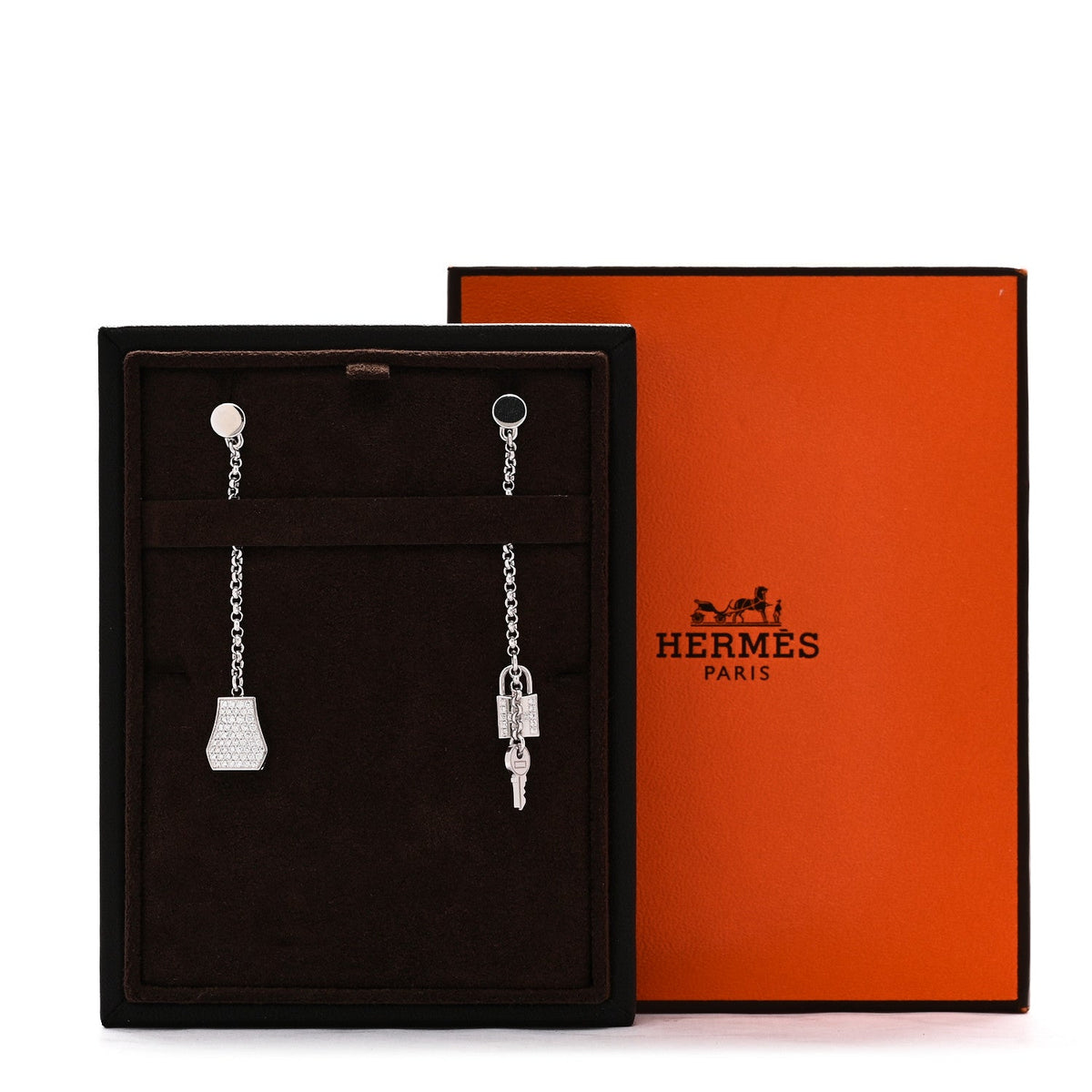 Hermes 18K White Gold Diamond Kelly Clochette Drop Earrings