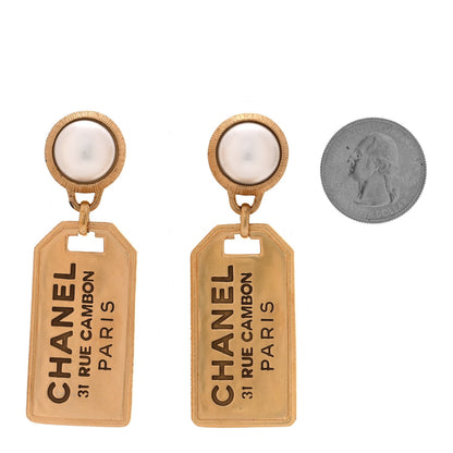 Chanel Resin Pearl CC Tags Drop Earrings Gold