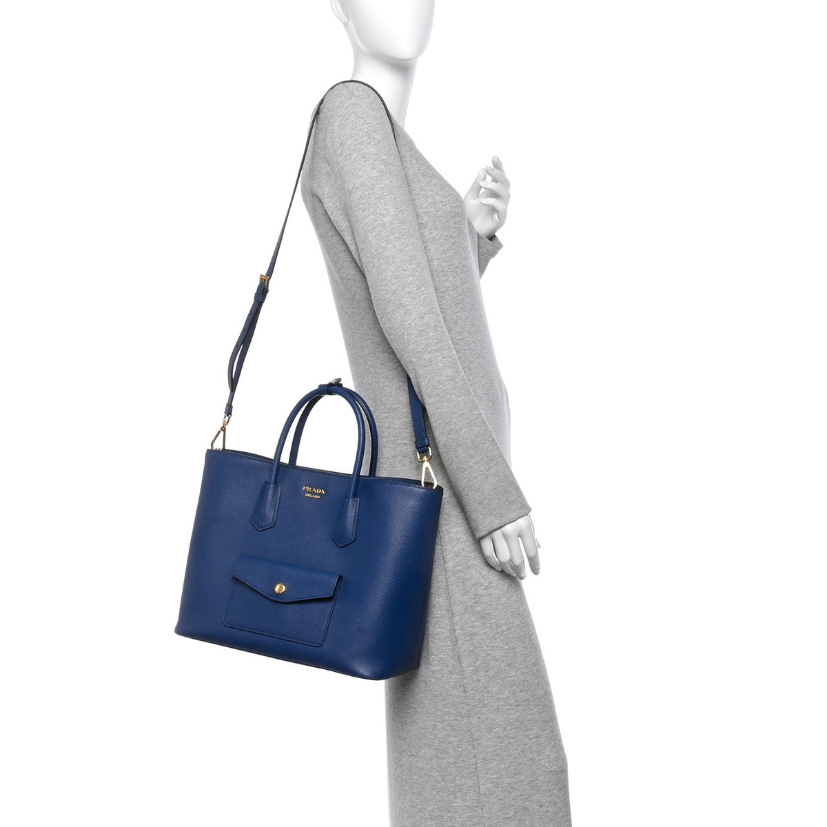 Prada Saffiano Cuir Front Pocket Tote Bluette