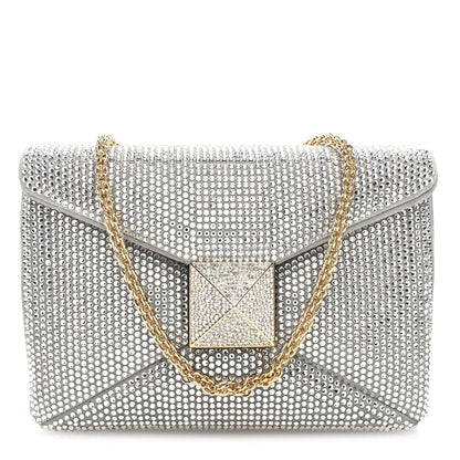 Valentino Garavani Crystal Suede Small One Stud Clutch Silver
