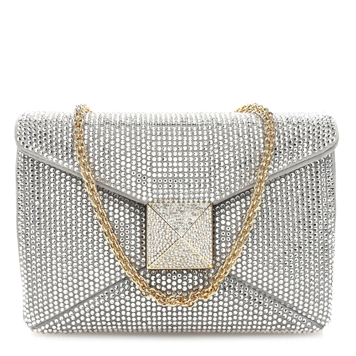 Valentino Garavani Crystal Suede Small One Stud Clutch Silver