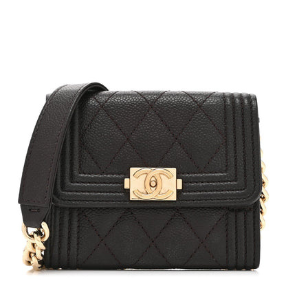 Chanel Caviar Quilted Boy Card Holder On Chain Black