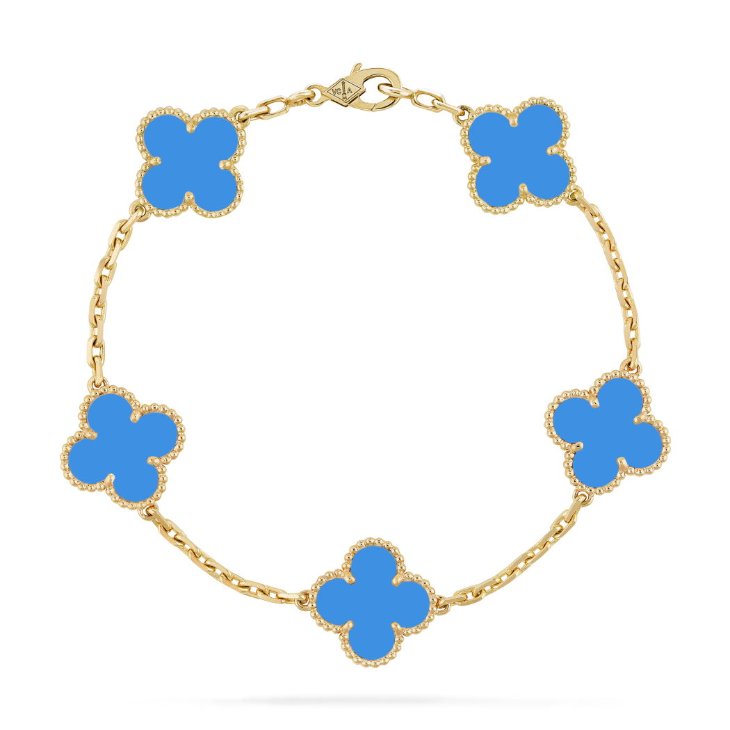 18K Yellow Gold Agate VCA Vintage Alhambra Bracelet 5 Motifs