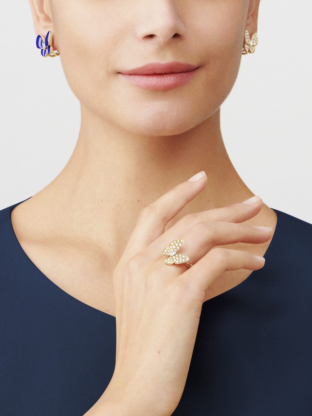 18K Yellow Gold Diamond VCA Two Butterfly Earrings