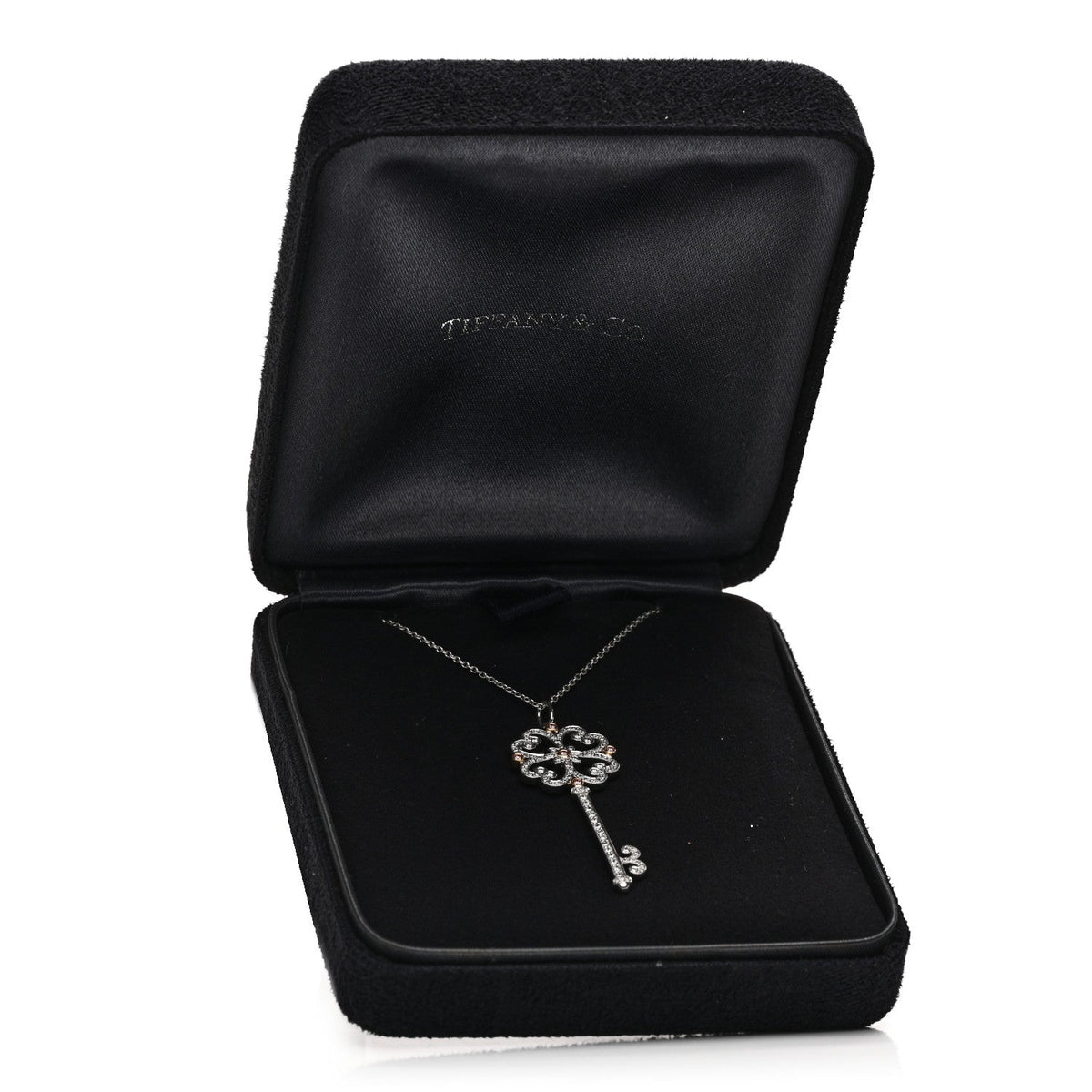 Platinum 18K Rose Gold Pink White Diamond Enchant Quatra Heart Key Pendant Necklace