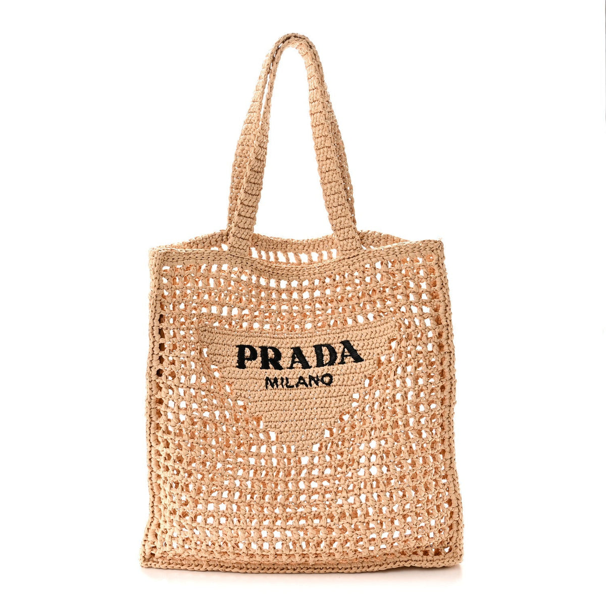 Prada Crochet Raffia Effect Logo Embroidered Tote Bag Naturale