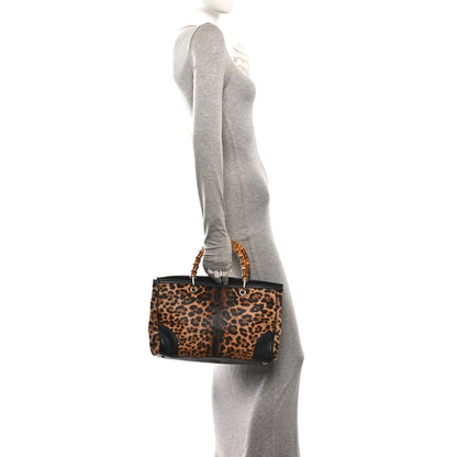 Gucci Pony Hair Cheetah Print Medium Bamboo Shopper Tote Bag