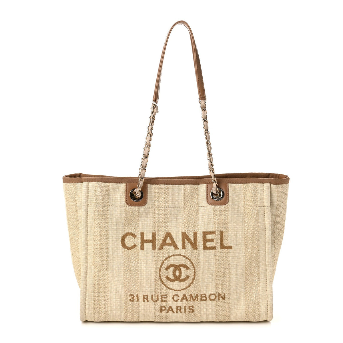 Chanel Mixed Fibers Calfskin Striped Small Deauville Tote Beige