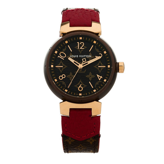 Louis Vuitton Stainless Steel 18K Rose Gold 34mm Tambour Quartz Watch Brown