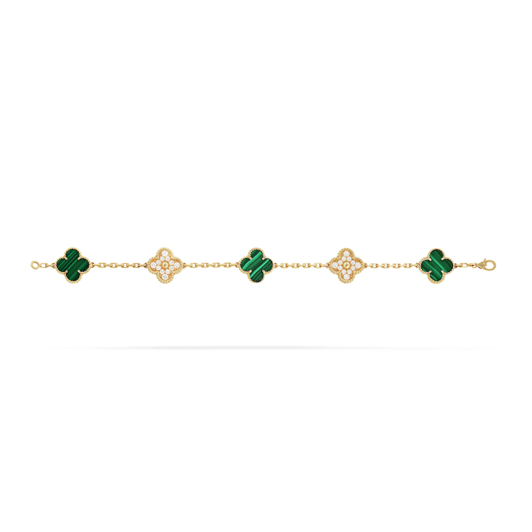 18K Yellow Gold Malachite Diamond VCA Vintage Alhambra Bracelet 5 Motifs