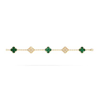 18K Yellow Gold Malachite Diamond VCA Vintage Alhambra Bracelet 5 Motifs