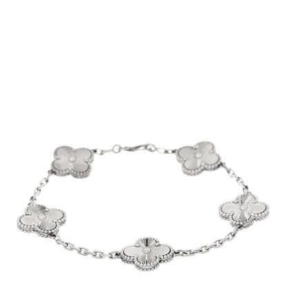 Van Cleef & Arpels 18K White Gold 5 Motifs Guilloche Vintage Alhambra Bracelet
