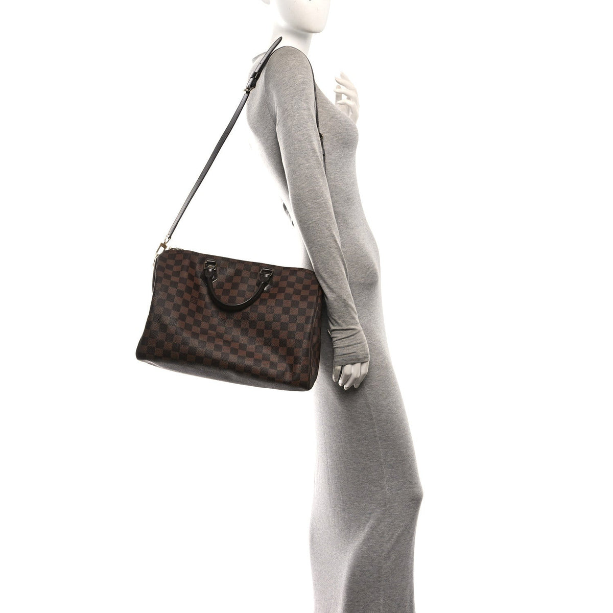 Louis Vuitton Damier Canvas Leather 35 Speedy Bandouliere Bag Brown