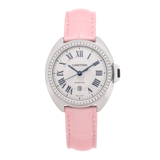 Cartier Stainless Steel Alligator Diamond 31mm Cle De Cartier Watch Pink