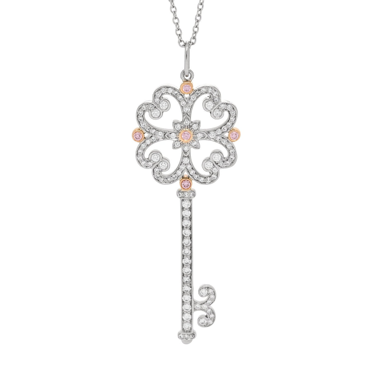 Tiffany Platinum 18K Rose Gold Diamond Enchant Quatra Key Necklace