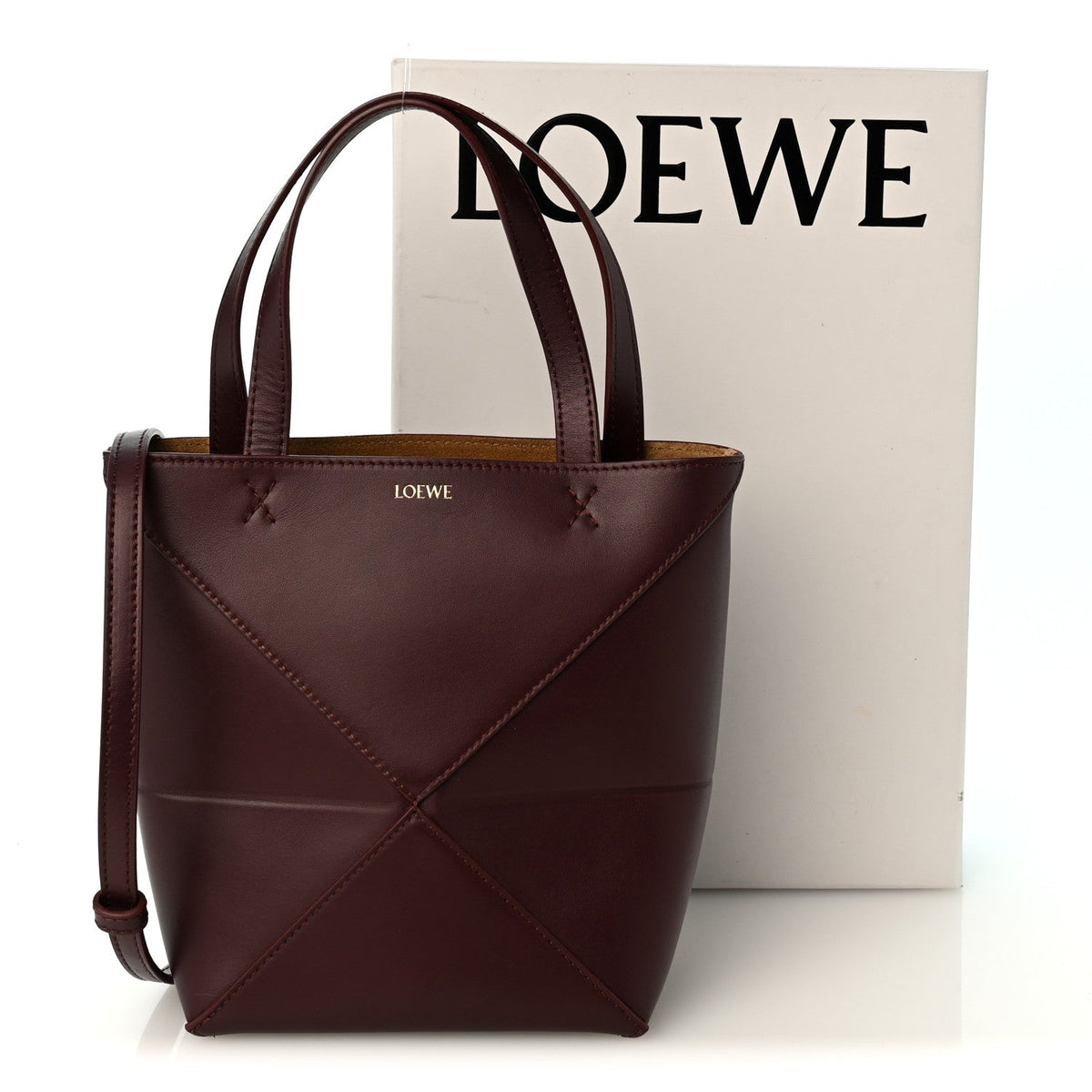 Loewe Shiny Calfskin Mini Puzzle Fold Tote Burgundy