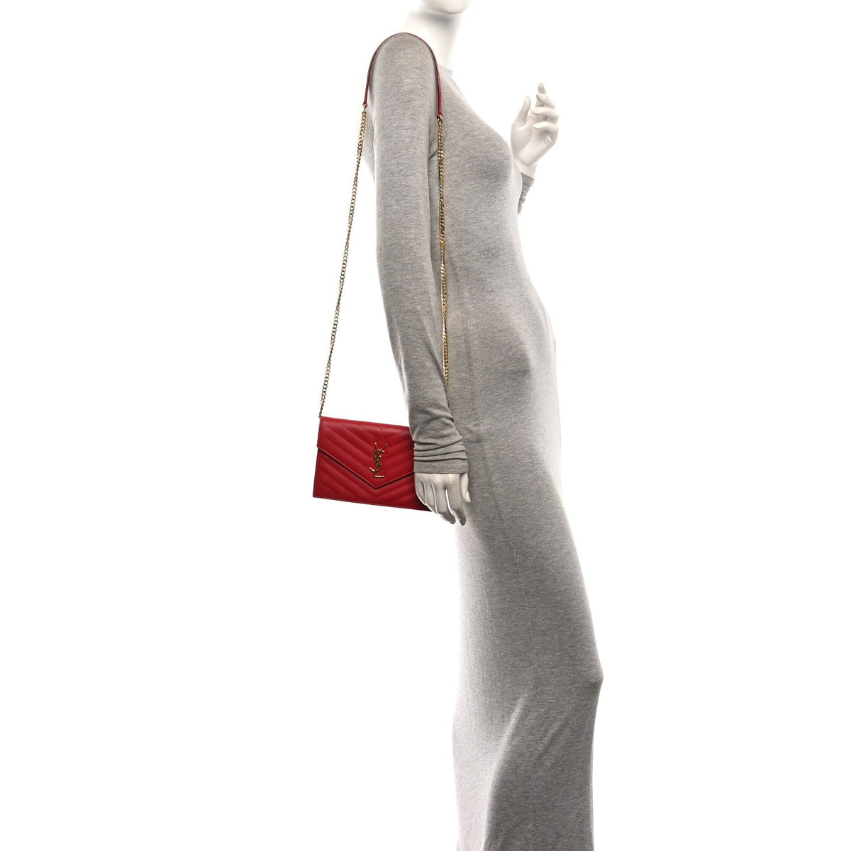 Saint Laurent Matelasse Chevron Monogram Envelope Chain Wallet New Red 1987513