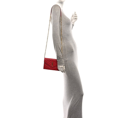 Saint Laurent Matelasse Chevron Monogram Envelope Chain Wallet New Red 1987513