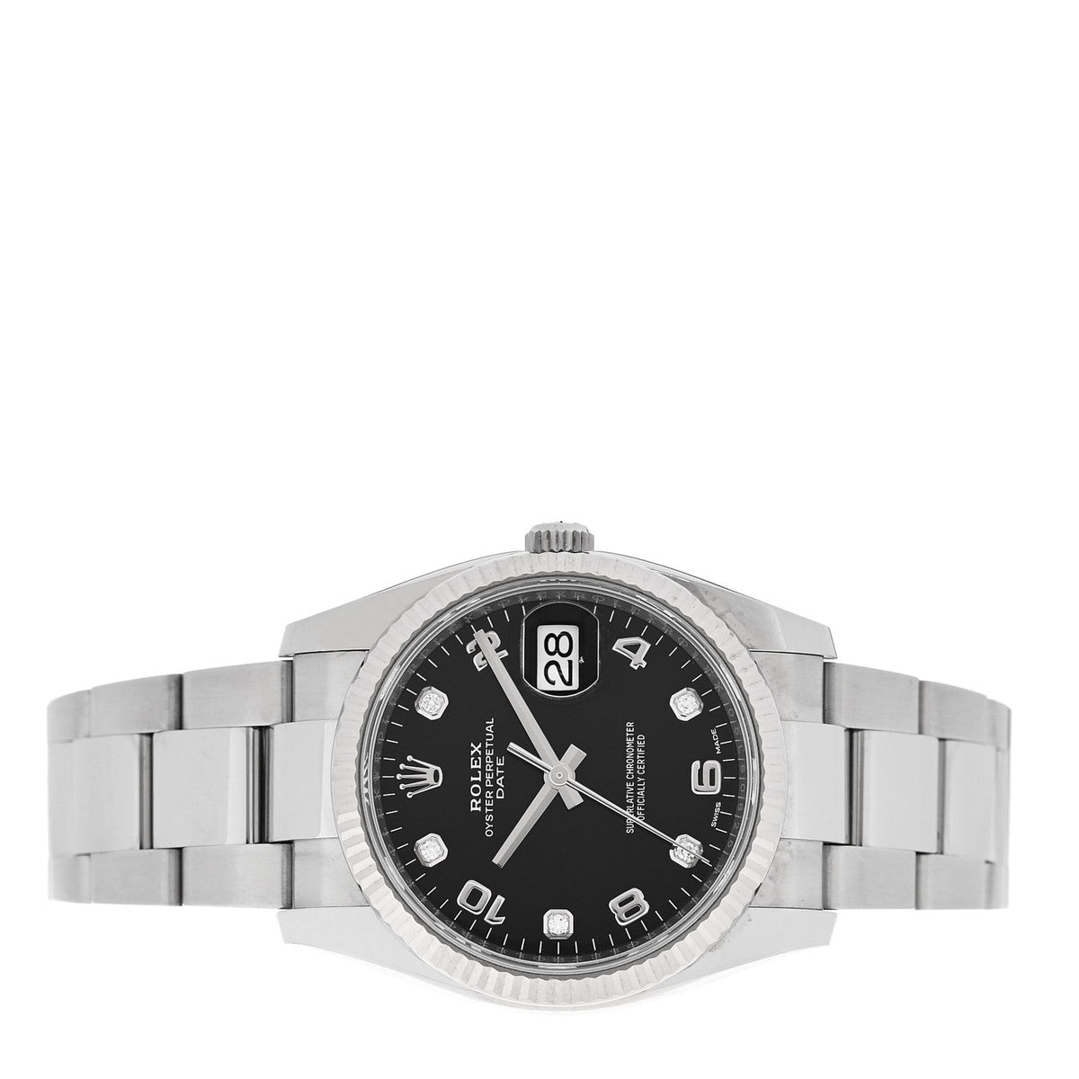 Rolex Stainless Steel 18K White Gold Diamond 34mm Oyster Perpetual Date Watch Black 115234