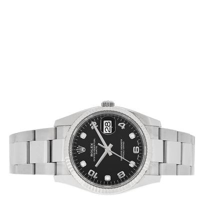 Rolex Stainless Steel 18K White Gold Diamond 34mm Oyster Perpetual Date Watch Black 115234