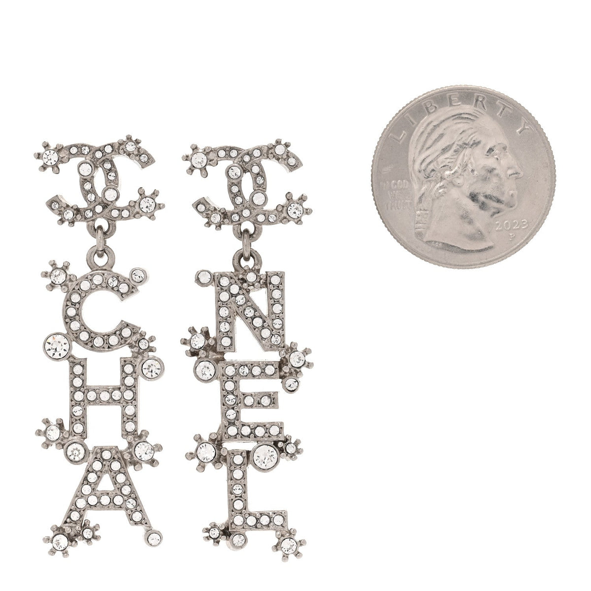Chanel Crystal Cha-Nel Logo Drop Earrings Silver