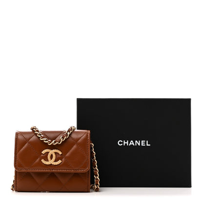 Chanel Lambskin Quilted Studded CC Clutch With Chain Brown