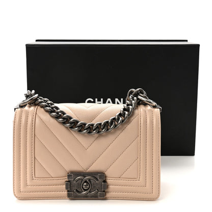 Chanel Caviar Chevron Quilted Small Boy Flap Light Beige