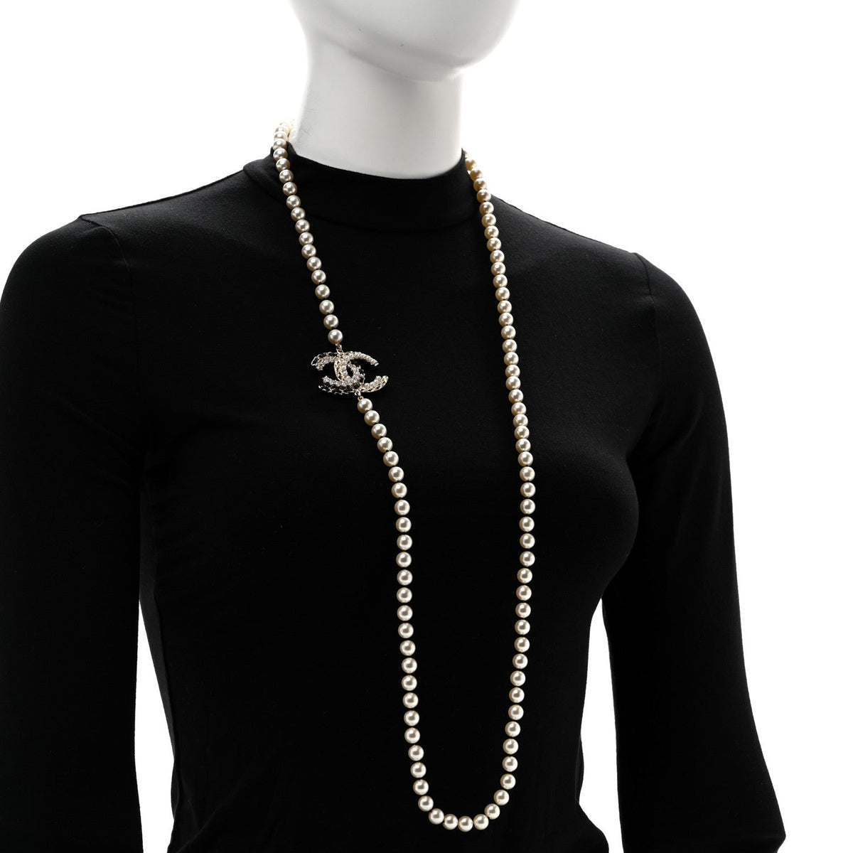 Chanel Pearl Crystal Lambskin CC Long Necklace Gold Black