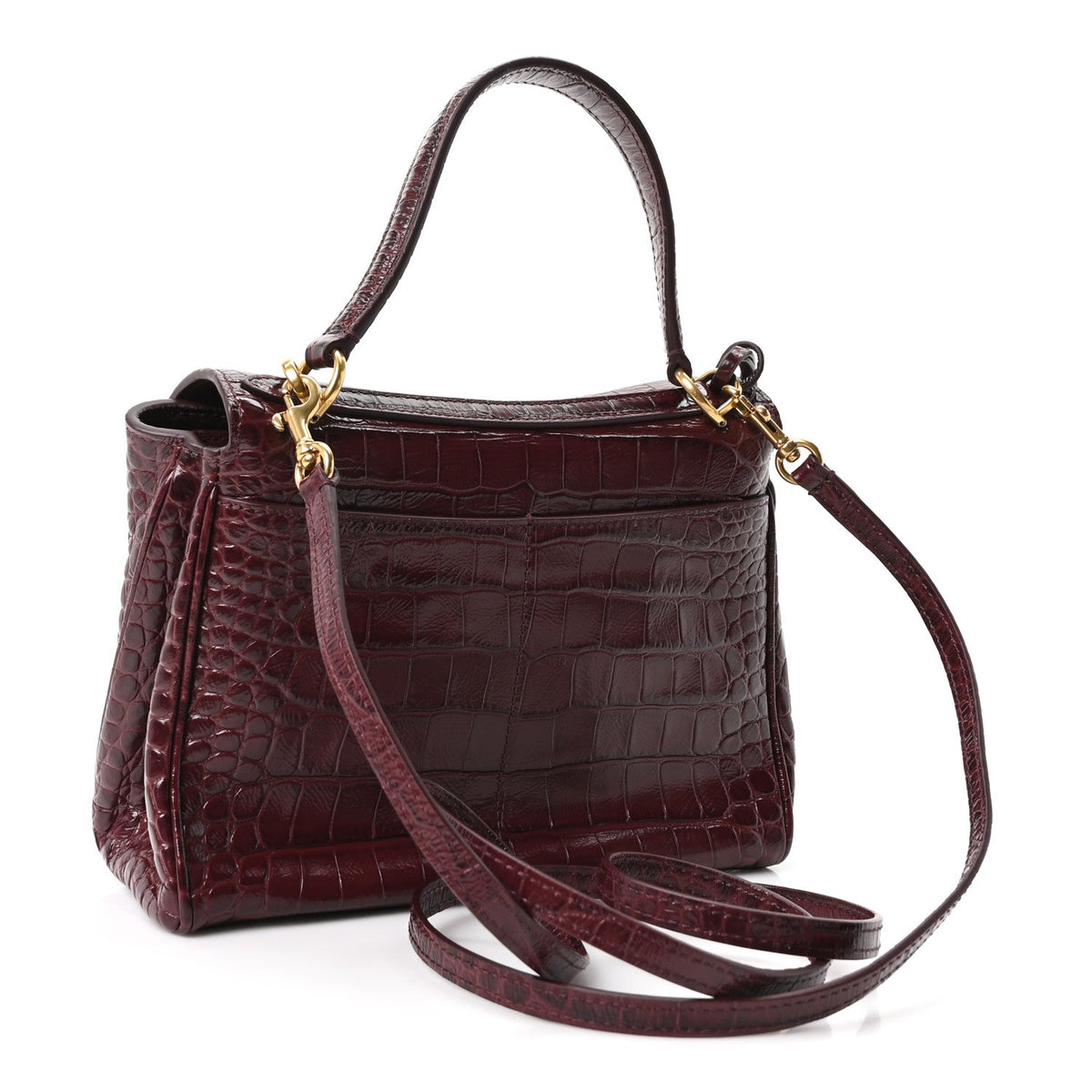 Balenciaga Shiny Calfskin Crocodile Embossed Mini Rodeo Top Handle Bag Dark Burgundy