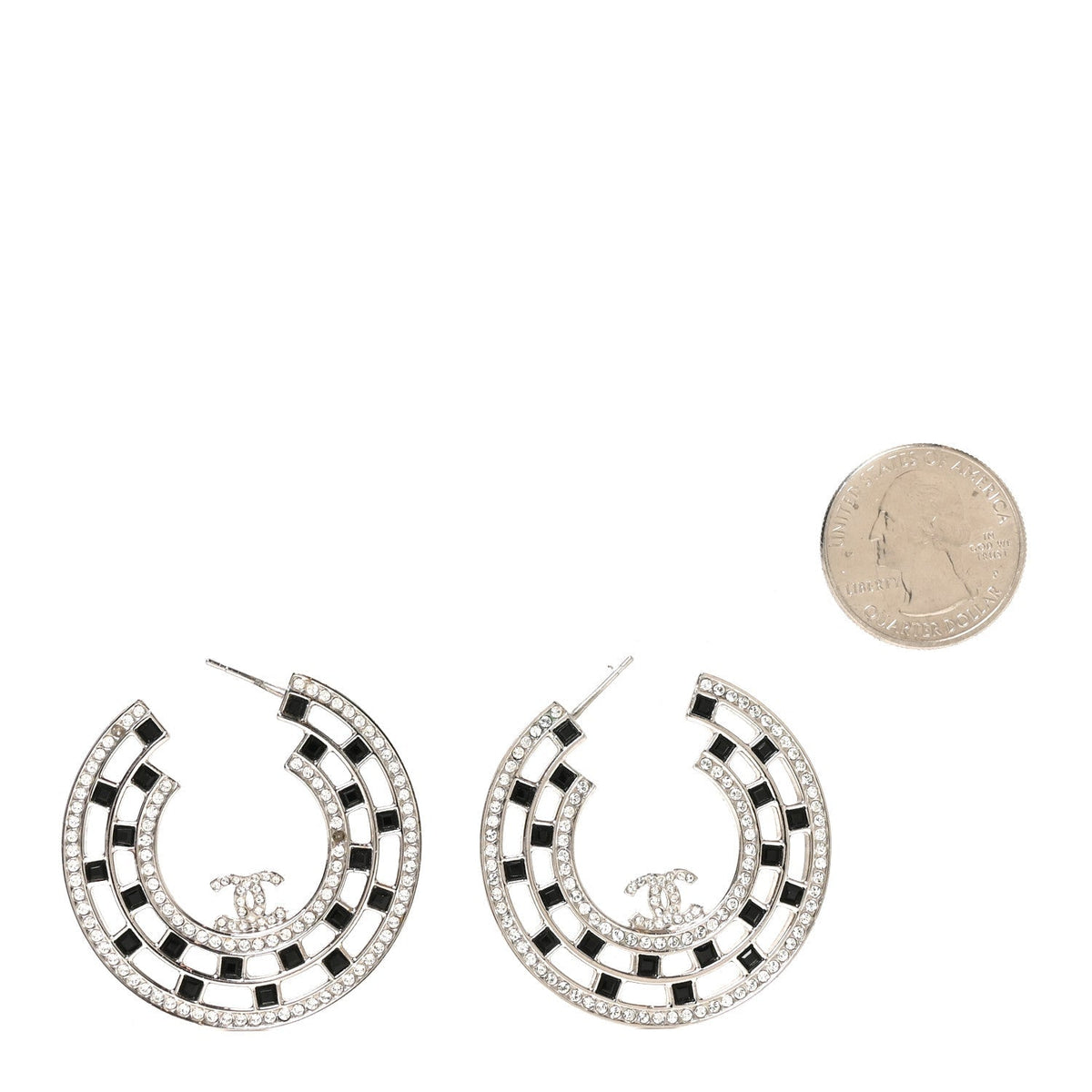 Chanel Baguette Crystal CC Hoop Earrings Silver Black