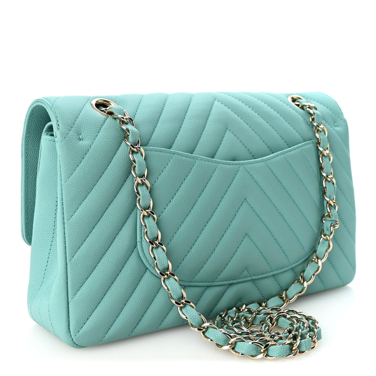 Chanel Caviar Flat Chevron Quilted Medium Double Flap Green