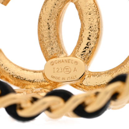 Chanel Lambskin Chain Crystal CC Flower Hoop Earrings Gold Black