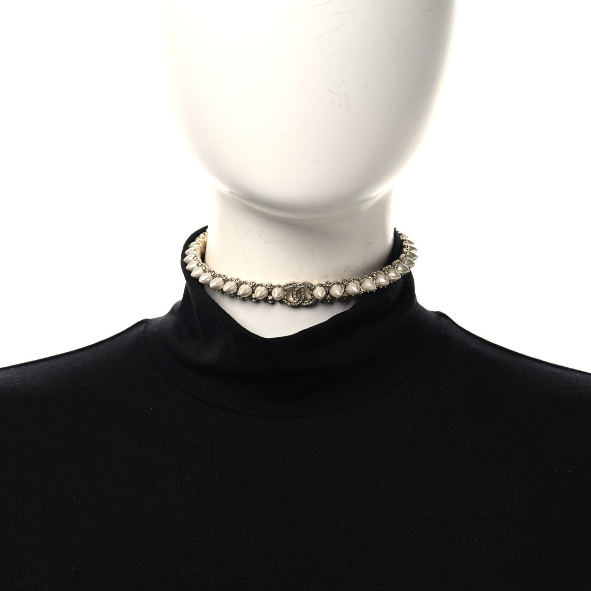 Chanel Strass Crystal Studded Pearl CC Choker Necklace Gold Pearly White