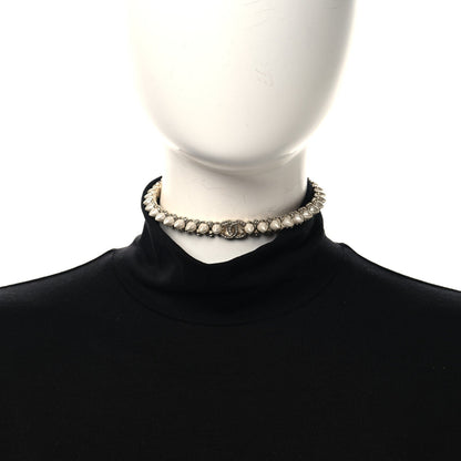 Chanel Strass Crystal Studded Pearl CC Choker Necklace Gold Pearly White