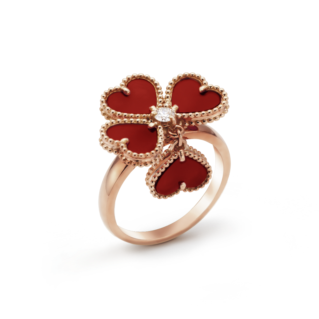 18K Rose Gold Carnelian Diamond VCA Sweet Alhambra Effeuillage Ring