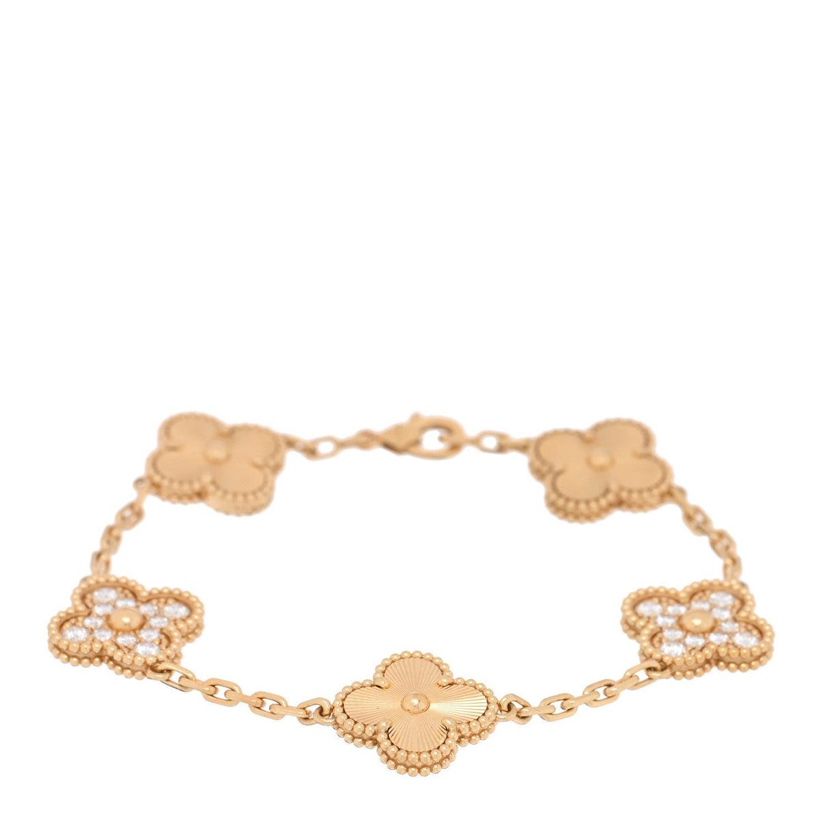 Van Cleef & Arpels 18K Yellow Gold Diamond 5 Motifs Guilloche Vintage Alhambra Bracelet